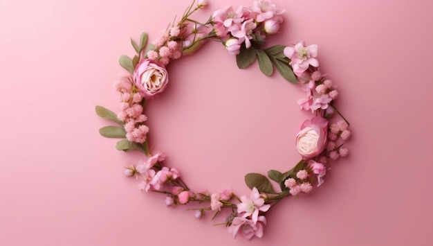 Uma coroa de flores rosa em um fundo rosa