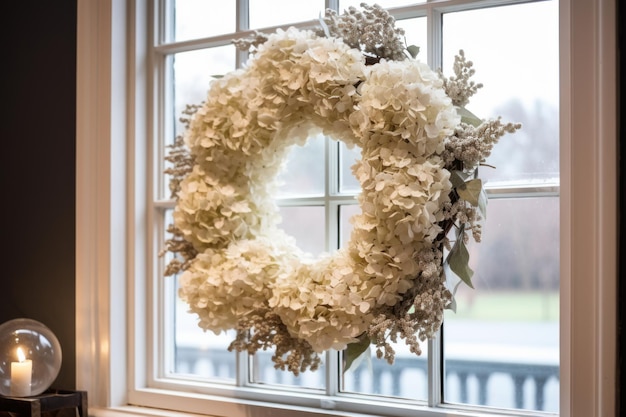 Uma coroa de flores secas na janela Decoração de hortênsia para o Dia de Ação de Graças e Natal