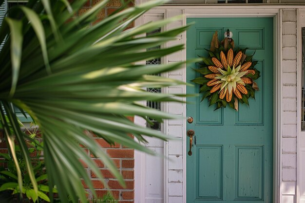 Uma coroa de milho ornamental em uma porta da frente