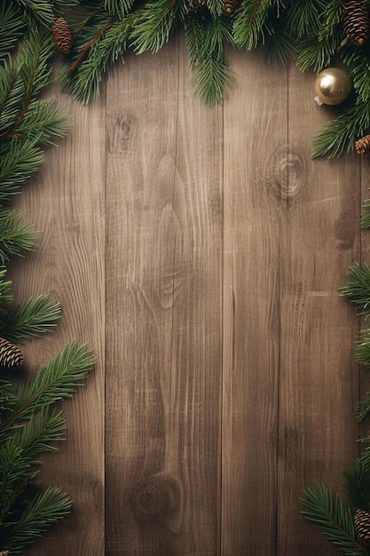 uma coroa de Natal com cones de pinheiro e ornamentos em um fundo de madeira