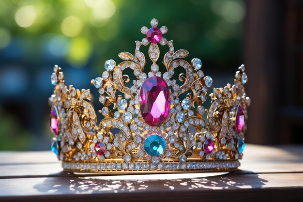 uma coroa de ouro com gemas rosa e azuis