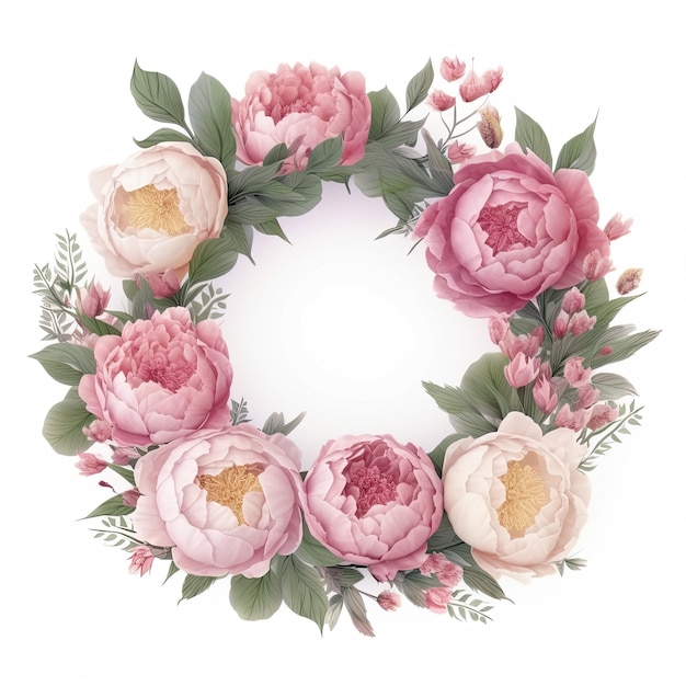 Uma coroa de peônias rosa com folhas isoladas no fundo branco