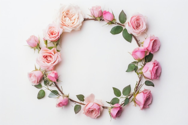 Uma coroa de rosas cor de rosa e brancas sobre um fundo branco