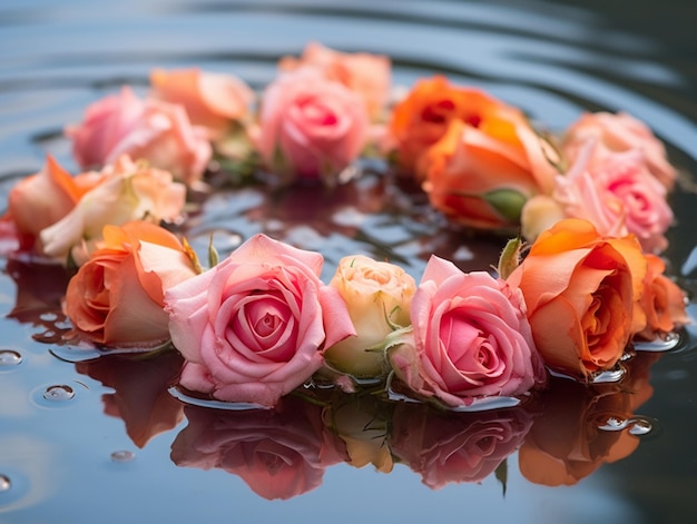 Uma coroa de rosas cor-de-rosa está flutuando em uma piscina de água.