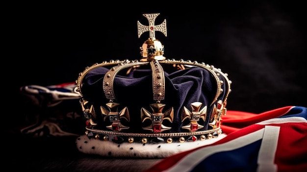 Foto uma coroa real britânica no fundo da bandeira do reino unido da grã-bretanha e irlanda do norte generative ai