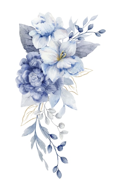 Uma coroa vetorial de aquarela com flores e folhas azuis empoeiradas Perfeita para data de convite de casamento, salvando decoração doméstica imprimível Ilustração pintada à mão