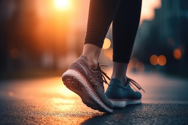 Uma corredora faz uma corrida matinal em uma rua da cidade Sapatos de tênis em close-up Jogging correndo fitness