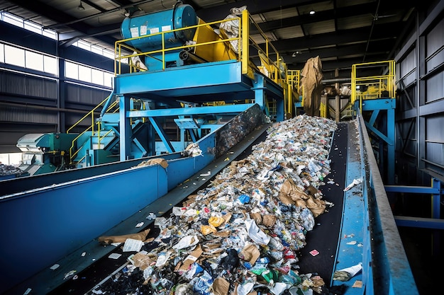 Uma correia transportadora cheia de lixo em uma fábrica Planta para processamento e triagem de lixo e lixo doméstico Eliminação de resíduos e reciclagem Ecologia Uso secundário de recursos