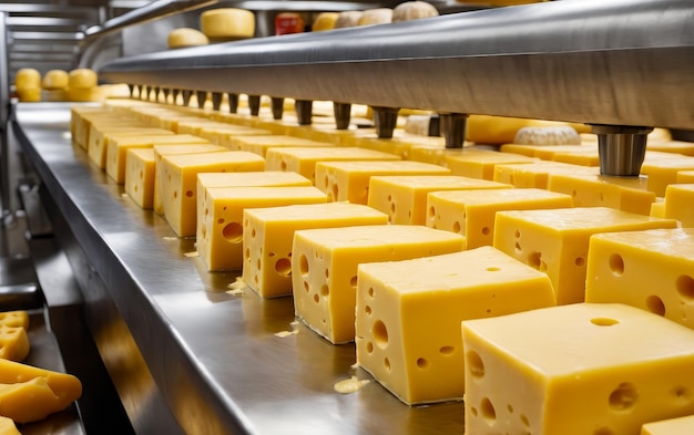 Uma correia transportadora com blocos de queijo