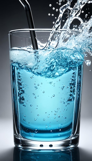 Uma corrente de água fria transparente é derramada em um copo de vidro com fundo azul