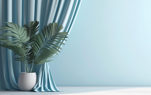 Uma cortina azul com uma planta