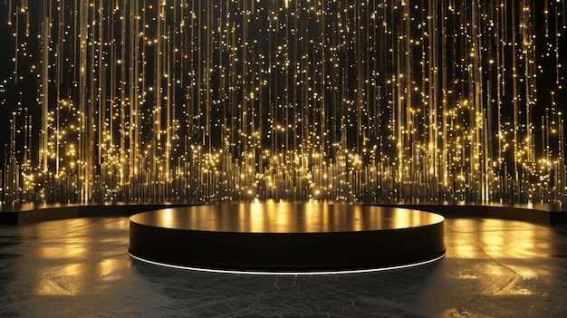 Foto uma cortina de luzes douradas cai por trás do pódio preto e elegante, lembrando o deslumbrante