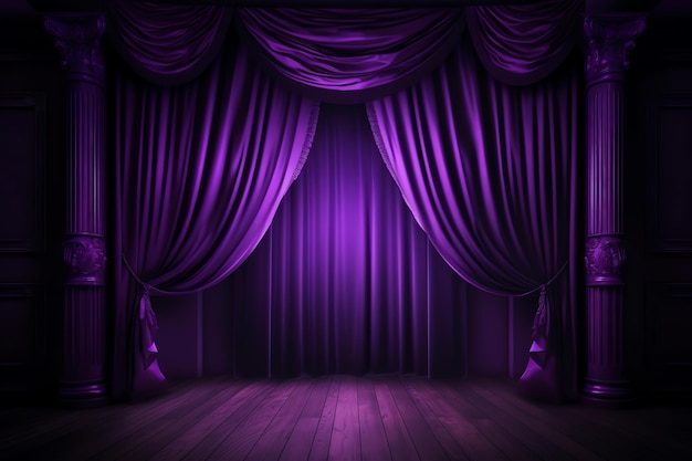 Uma cortina roxa está em um palco em uma sala escura.