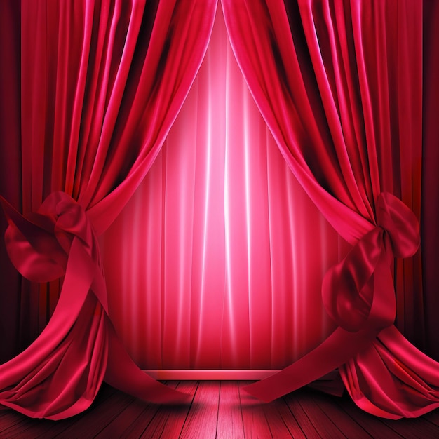 Uma cortina vermelha está aberta para uma janela com uma fita rosa.