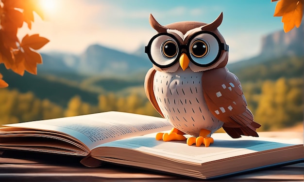 Uma coruja bonita usando óculos de sol em um livro para o conceito de inteligência e conhecimento em estilo de renderização 3D