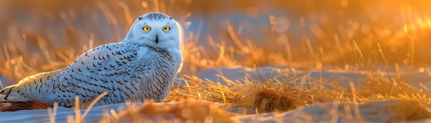 Uma coruja branca com olhos amarelos brilhantes descansa em um campo