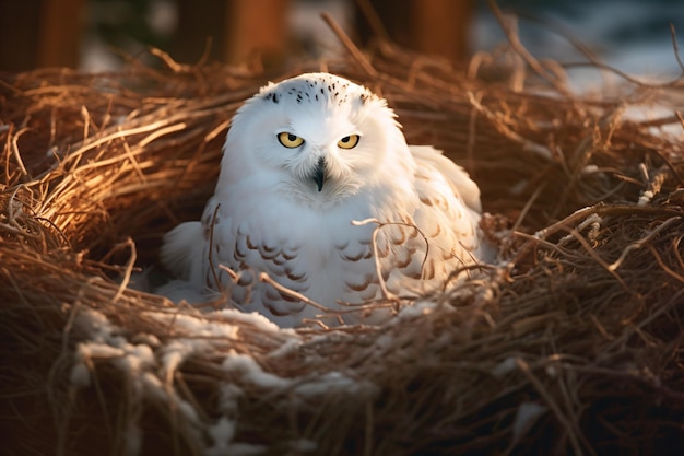 Foto uma coruja branca sentada num ninho com feno