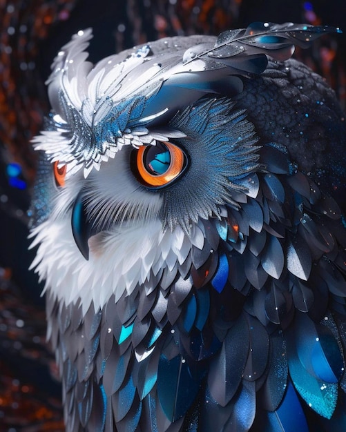 Uma coruja com olhos azuis e laranja