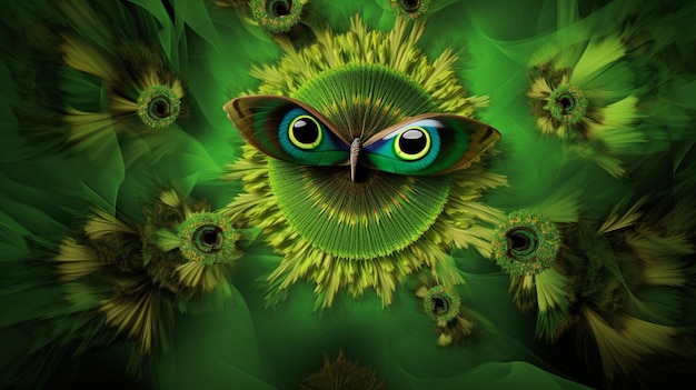 Uma coruja com olhos verdes e olhos amarelos é cercada por flores.