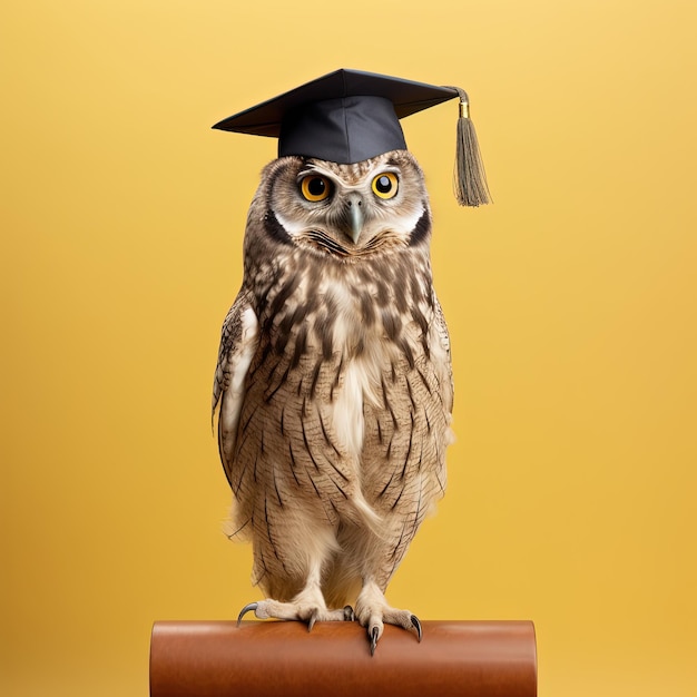 Uma coruja com um chapéu de formatura na cabeça em fundo sólido isolado generativo ai