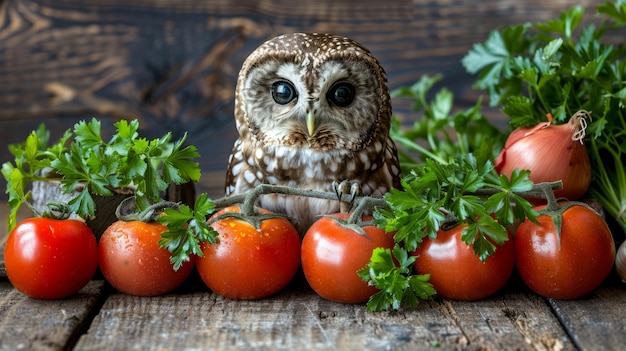 Uma coruja curiosa senta-se entre tomates vermelhos e salsa