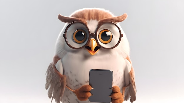 Uma coruja de desenho animado usando óculos e segurando um telefone.