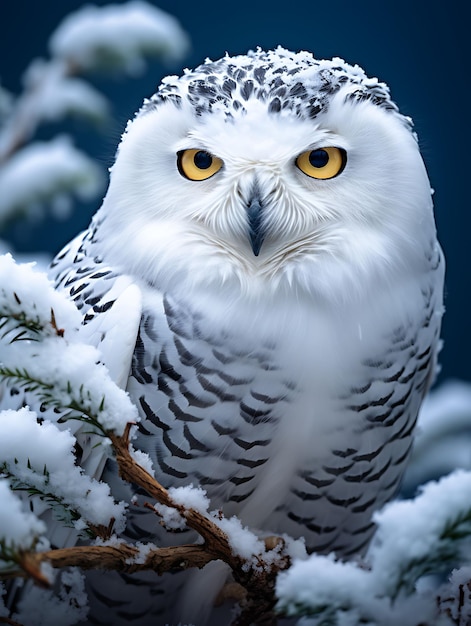 Uma coruja de neve de aparência sábia empoleirada em um galho de neve contra uma ilustração hiper-realista