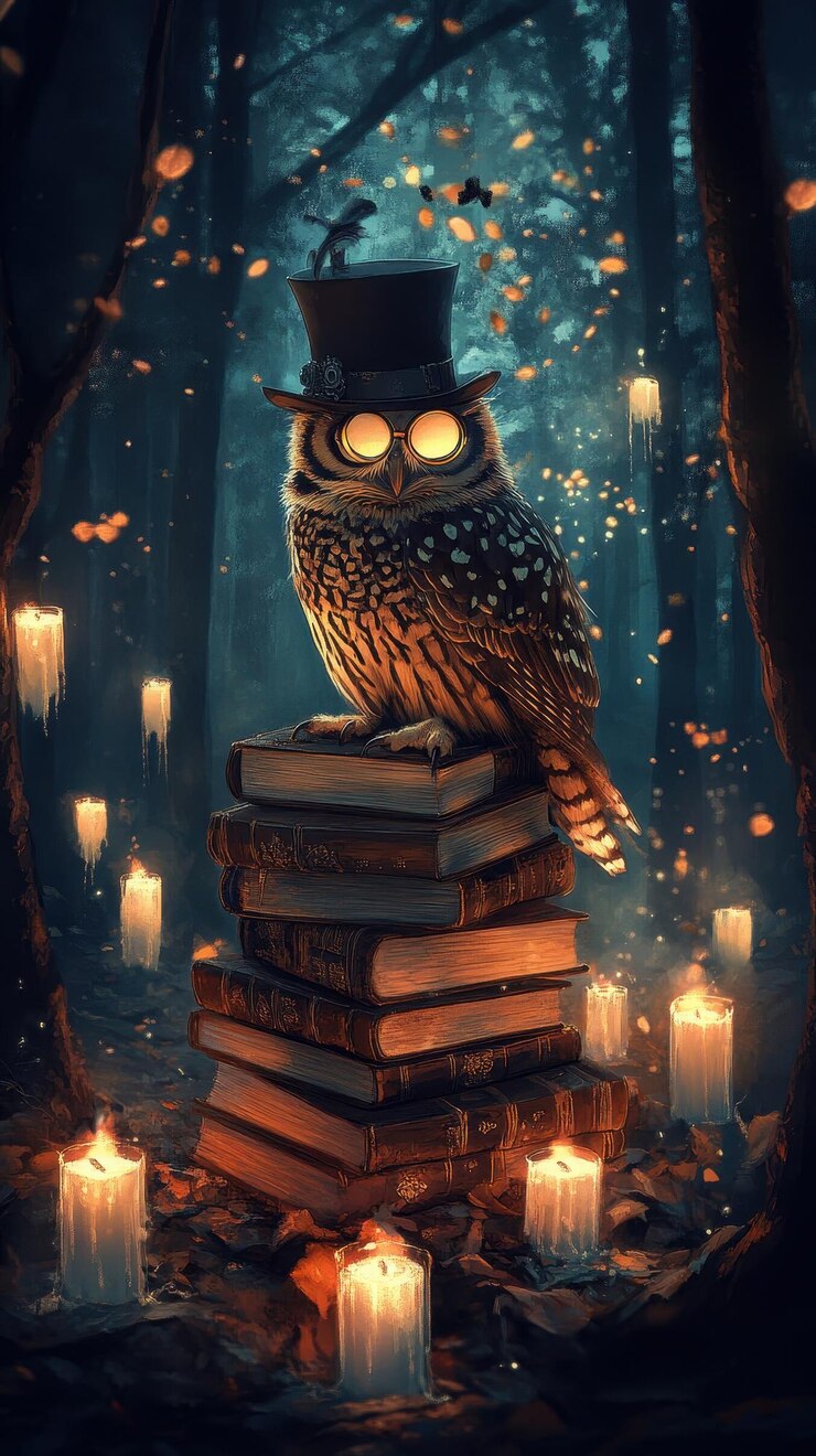 Foto uma coruja em um monóculo e chapéu de topo repousa em livros de feitiços com velas flutuantes em uma floresta escura