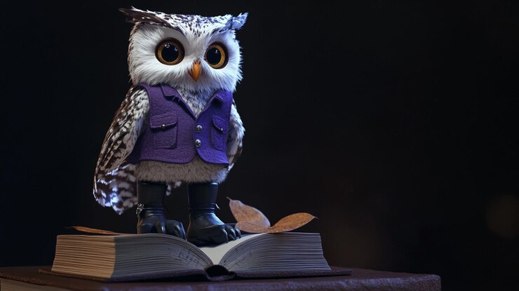 Foto uma coruja está de pé em um livro com uma jaqueta roxa
