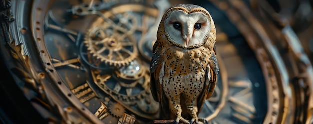 Uma coruja mecânica empoleirada em cima de um relógio ornamentado, visível através de seu corpo enquanto batia em harmonia