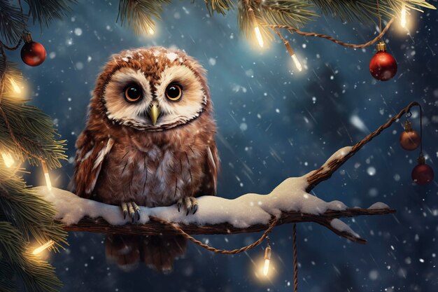 Foto uma coruja muito bonita de perto. natal, neve, lua, estrelas, guirlanda, árvore.