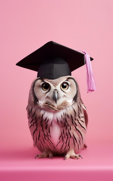 Uma coruja sábia usando um boné de formatura senta-se em um fundo rosa.