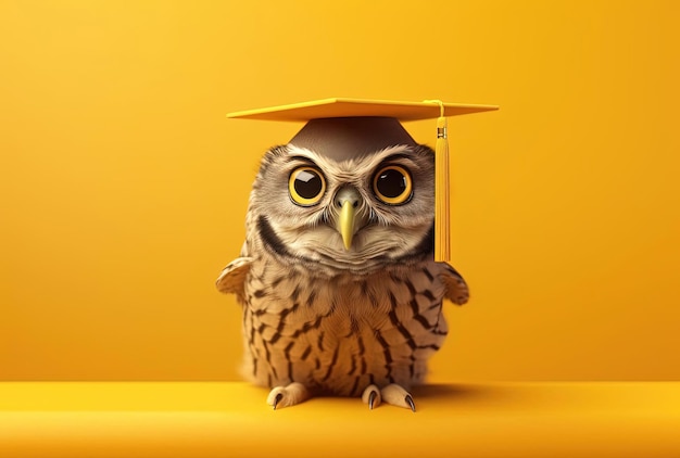 uma coruja usa um boné de graduação em um fundo amarelo