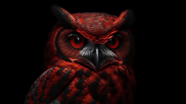 Uma coruja vermelha com rosto preto e olho roxo