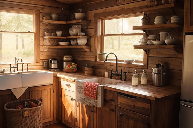 Foto uma cozinha aconchegante com armários de madeira rústicos eletrodomésticos vintage e uma lavatória de fazenda luz natural