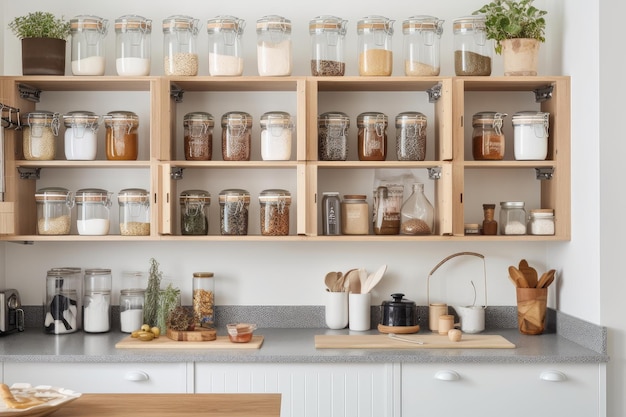 Uma cozinha arrumada com soluções de armazenamento para itens essenciais de cozinha e temperos criados com IA generativa