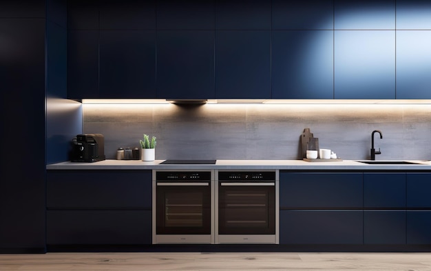 Uma cozinha azul com bancada preta e lava-louças branca.