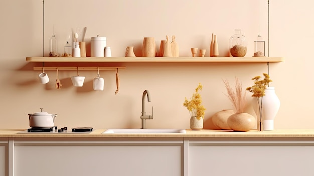 uma cozinha branca com bancada de madeira com prateleiras de madeira