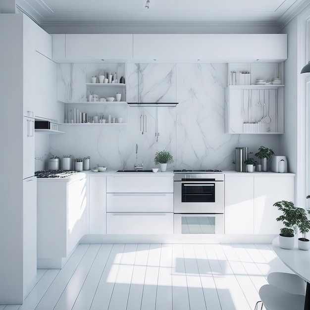 Uma cozinha branca com forno preto e bancada branca.