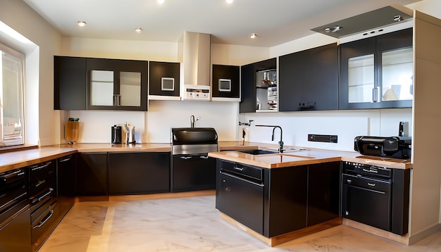 Uma cozinha com armários pretos e fogão e fogão