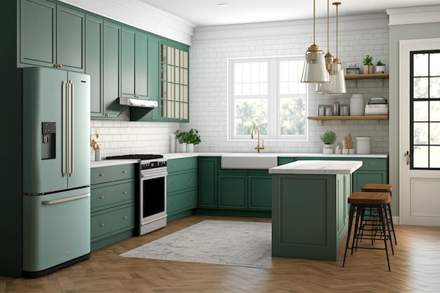 Uma cozinha com armários verdes e uma ilha branca com fogão branco e bancada branca.