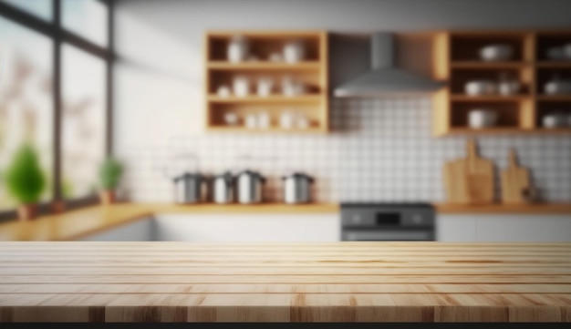 Uma cozinha com bancada de madeira e uma cozinha no fundo desfocado