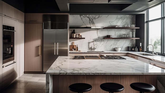 Uma cozinha com bancada em mármore e bancada em mármore preto e branco.