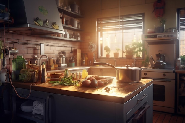 Uma cozinha com fogão e um vaso de plantas na bancada