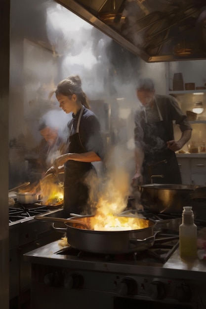 Uma cozinha com fogão e uma mulher cozinhando ao fundo