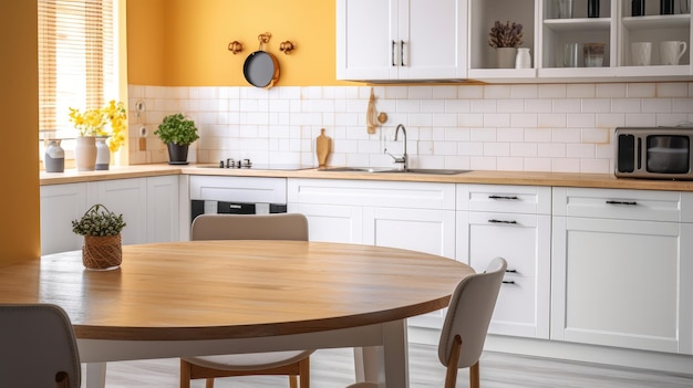 Uma cozinha com mesa e cadeiras brancas e uma parede amarela com lava-louças branca.