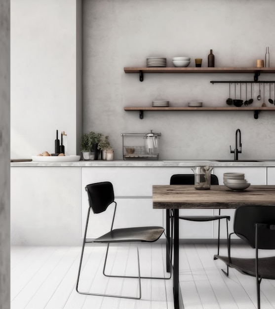 Uma cozinha com mesa e cadeiras de madeira e uma mesa de madeira com cadeira preta e branca.