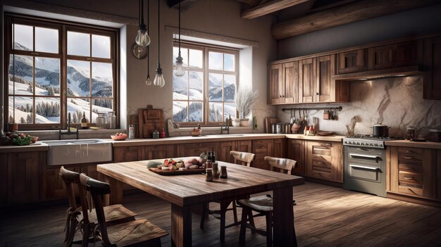 Uma cozinha com mesa e cadeiras de madeira Imagem generativa de IA Casa da Noruega