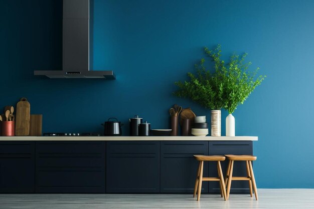 Foto uma cozinha com paredes azuis e armários pretos