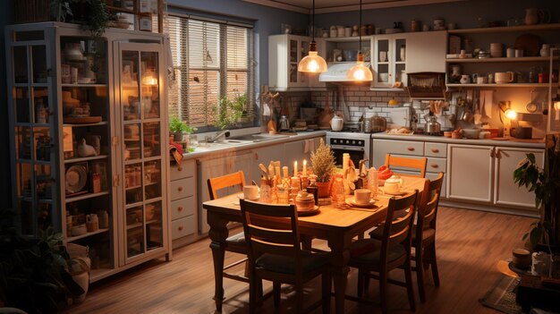 Uma cozinha com sala de jantar design interior isométrico renderização 3D
